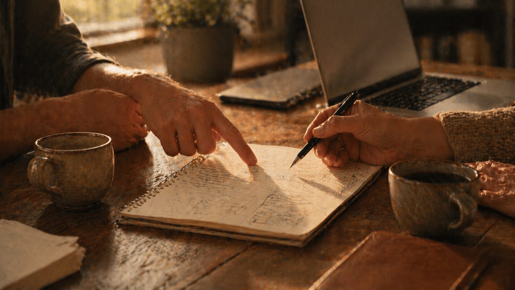 A broker reviewing plans in a notebook at a wooden desk