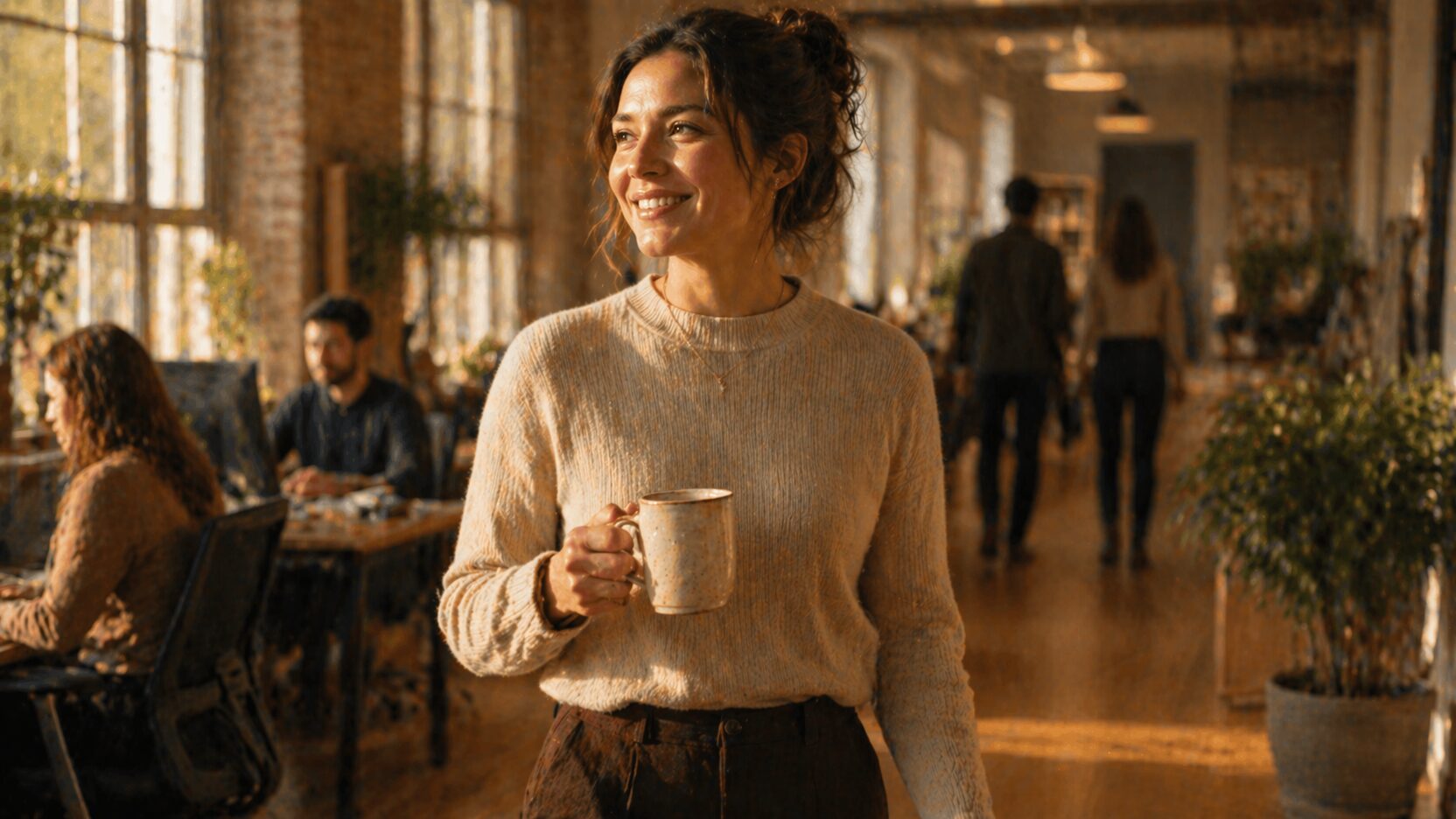 A small business owner smiling in a sunlit office with a coffee mug