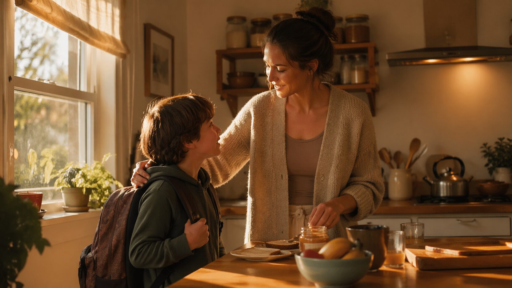 A mother and child sharing a warm moment in a sunny kitchen